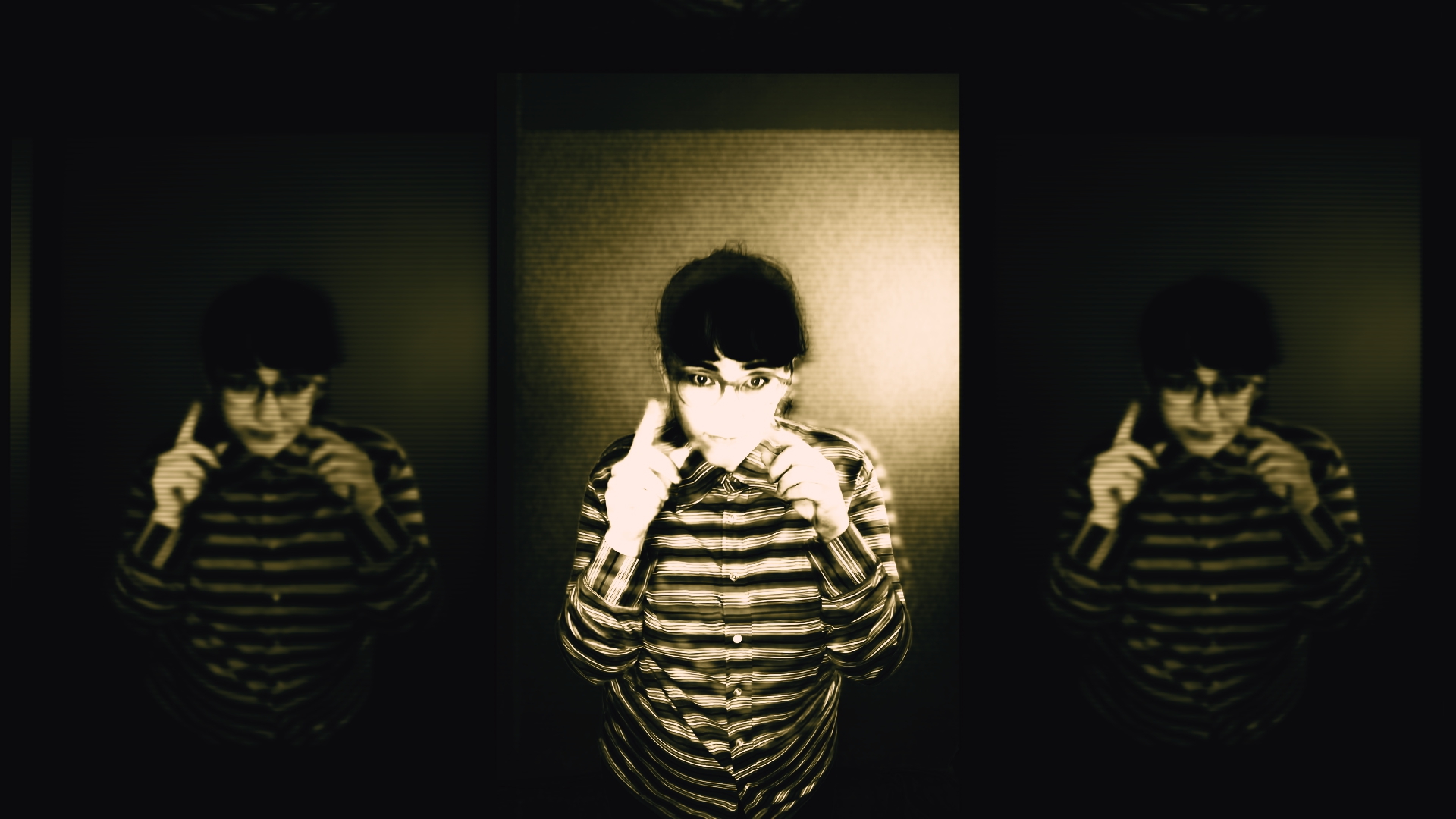 The artist stands between two ghostly copies of herself, in blown-out sepia.