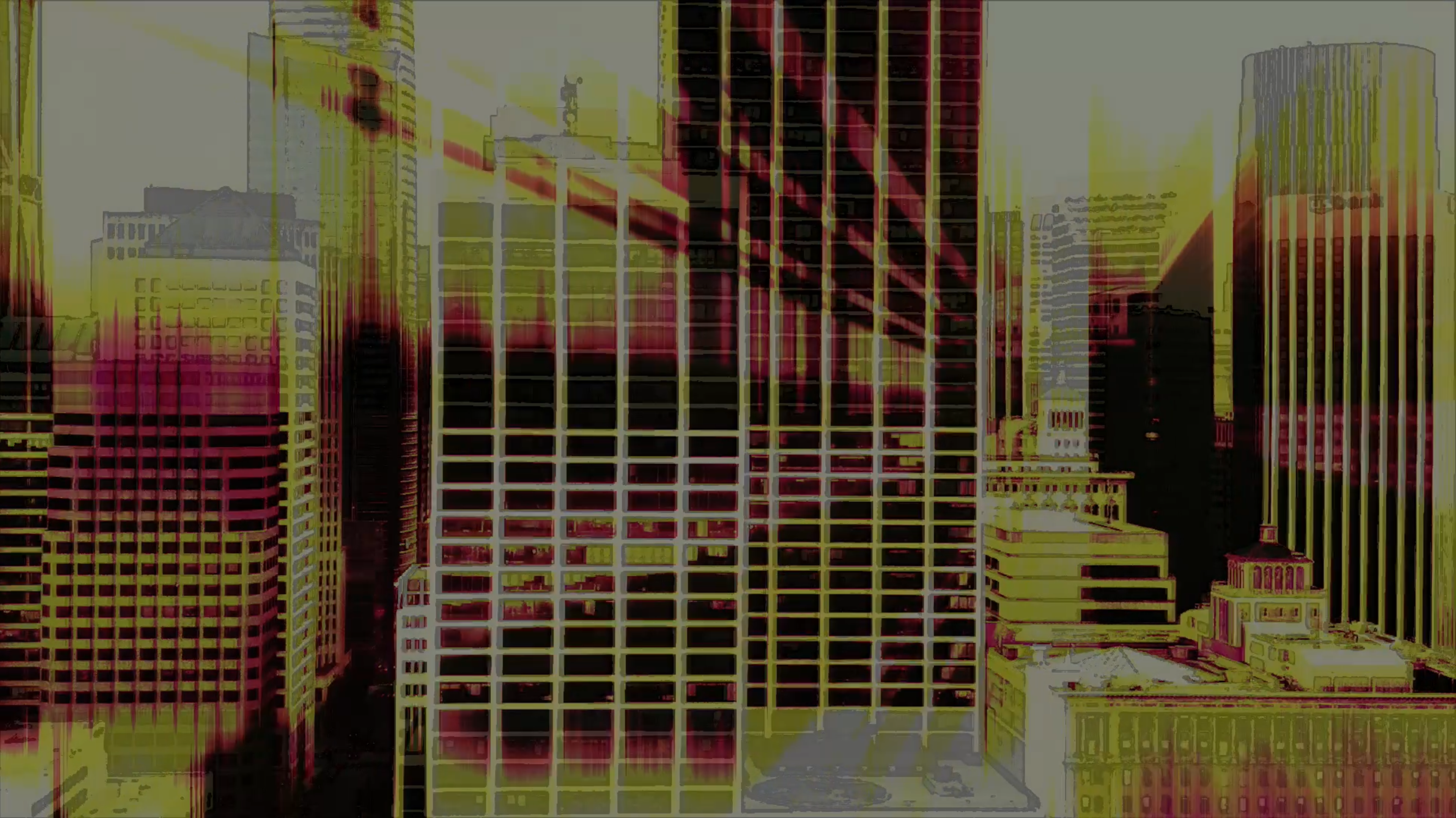 Desaturated geometric cityscape, multi-layered, with washes of cream and red.